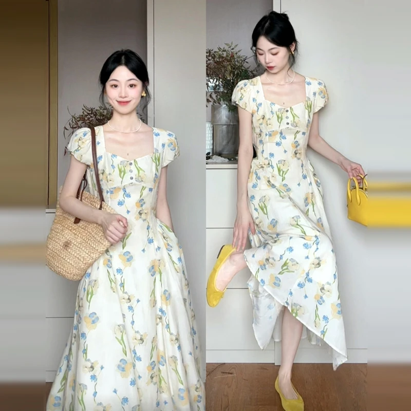 海边度假风气质碎花方领泡泡袖连衣裙子女装夏季收腰显瘦掐腰长裙