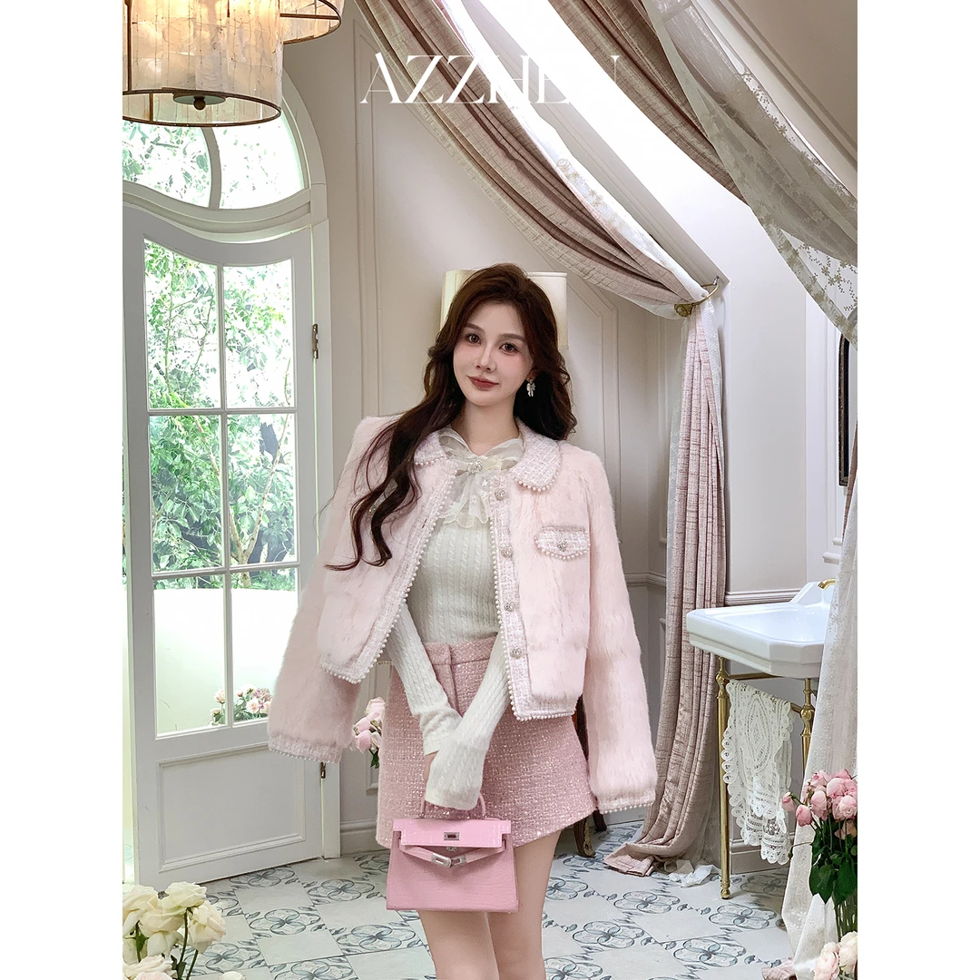 AZZHEN【假日晨曦】小香风100兔毛短款珍珠翻领撞色外套AZ5PCW33