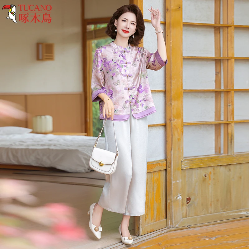 啄木鸟时尚妈妈夏装新中式套装新款中老年国风印花上衣母亲节礼物