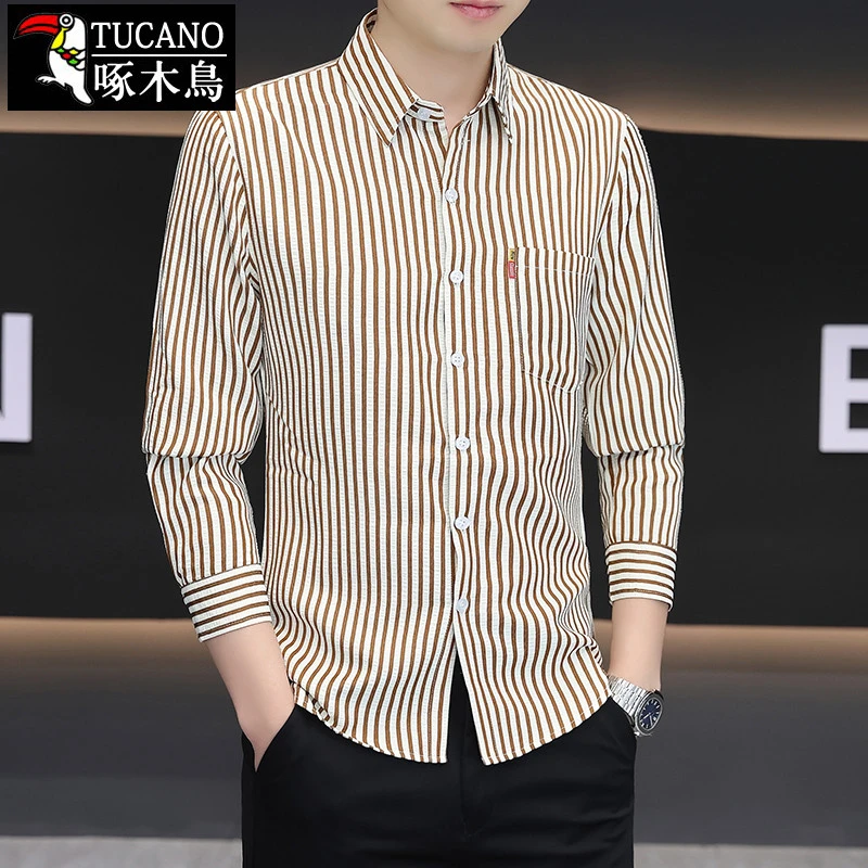啄木鳥 男士长袖衬衫秋季条纹休闲带口袋衬衣潮流百搭上衣服男