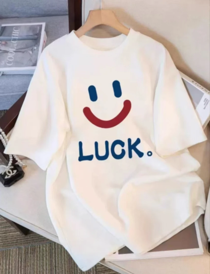 夏天时尚百搭休闲印花设计感短袖-LUCK笑脸
