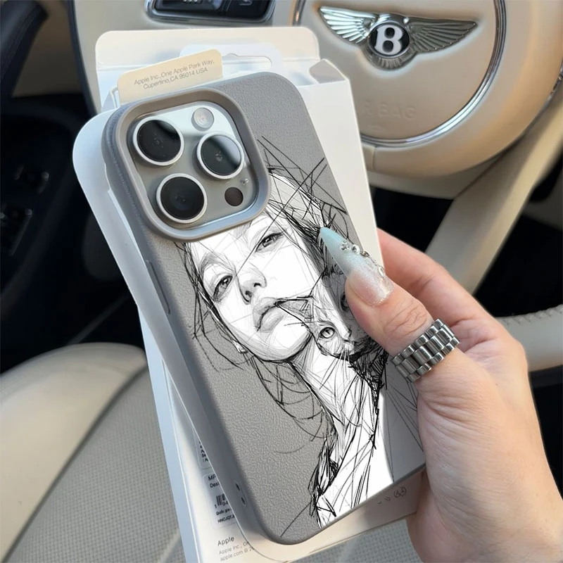 素描女孩与猫适用苹果16p/15手机壳iPhone14promax13荔枝纹12软11