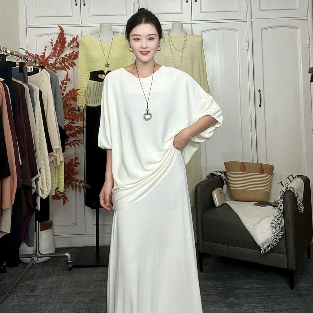 G.M夏季简约冰凉大版型遮肚子曲珠针织套装#85020