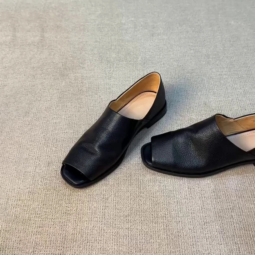 羊皮版~新款夏季鱼嘴鞋平底通勤单鞋百搭复古真皮高级感小皮鞋女