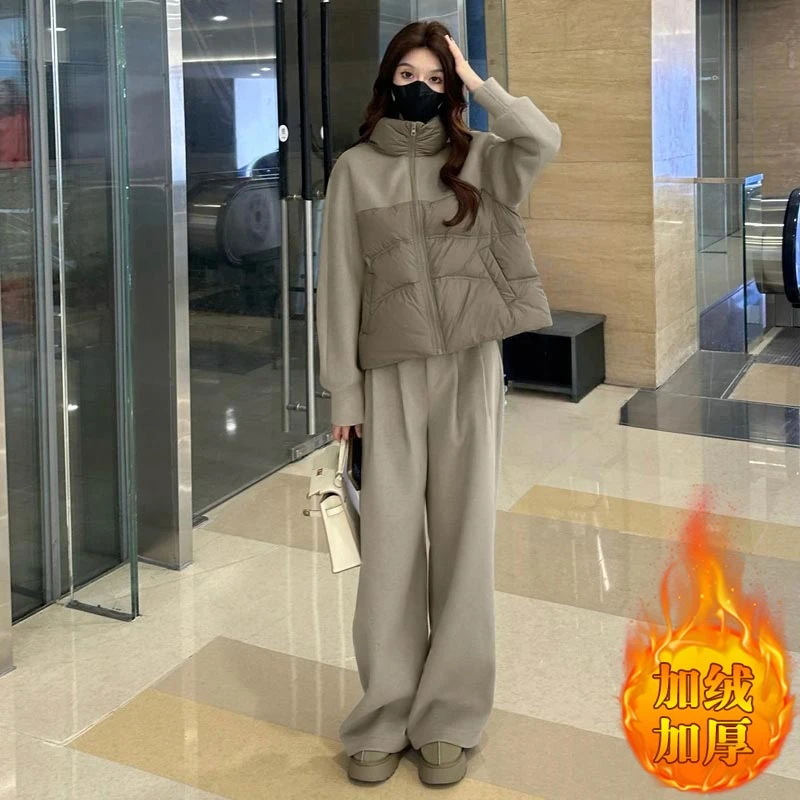 韩版立领休闲棉服外套阔腿裤套装女2026年冬季新款加绒加厚两件套