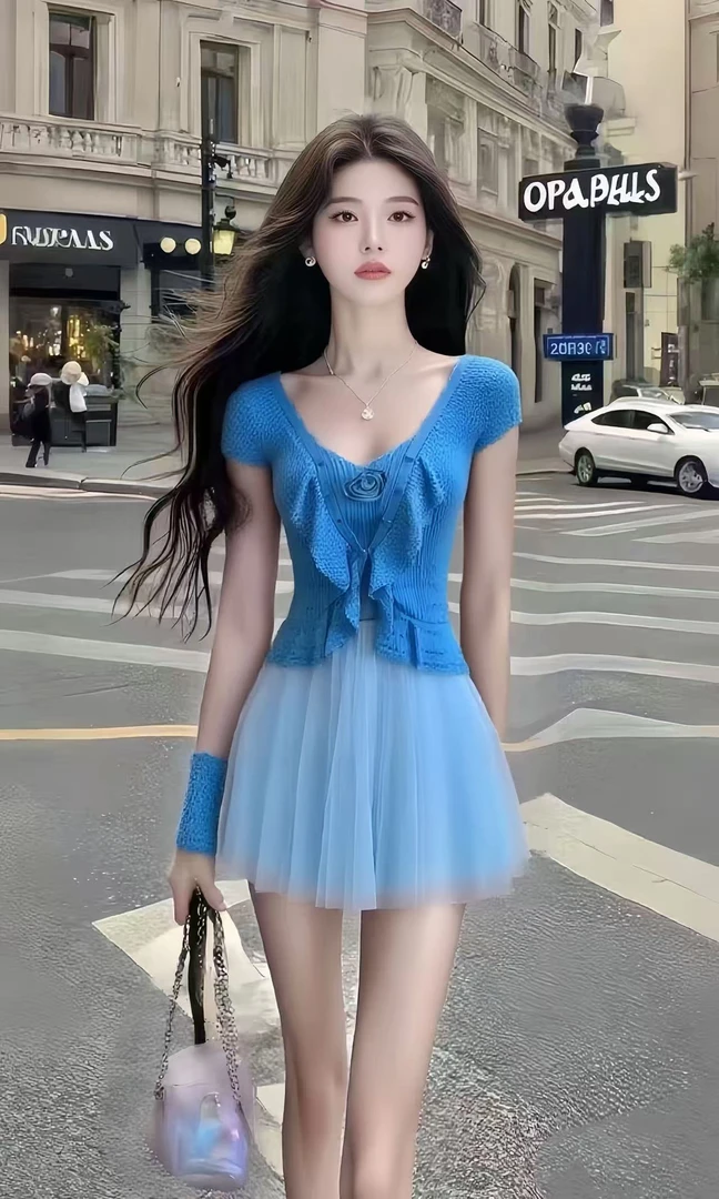 小个子温柔纯欲风气质蓝色U领修身高腰短袖连衣裙女显瘦时尚短裙