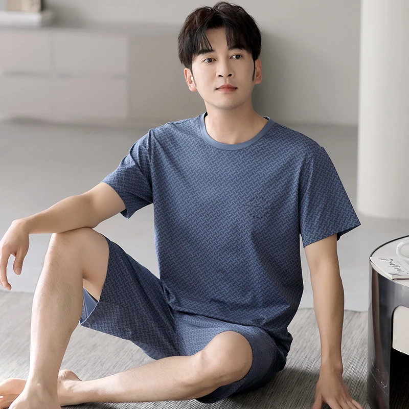 2025高档可外穿新款夏季宽松休闲大码家居服男士圆领睡衣高端套装