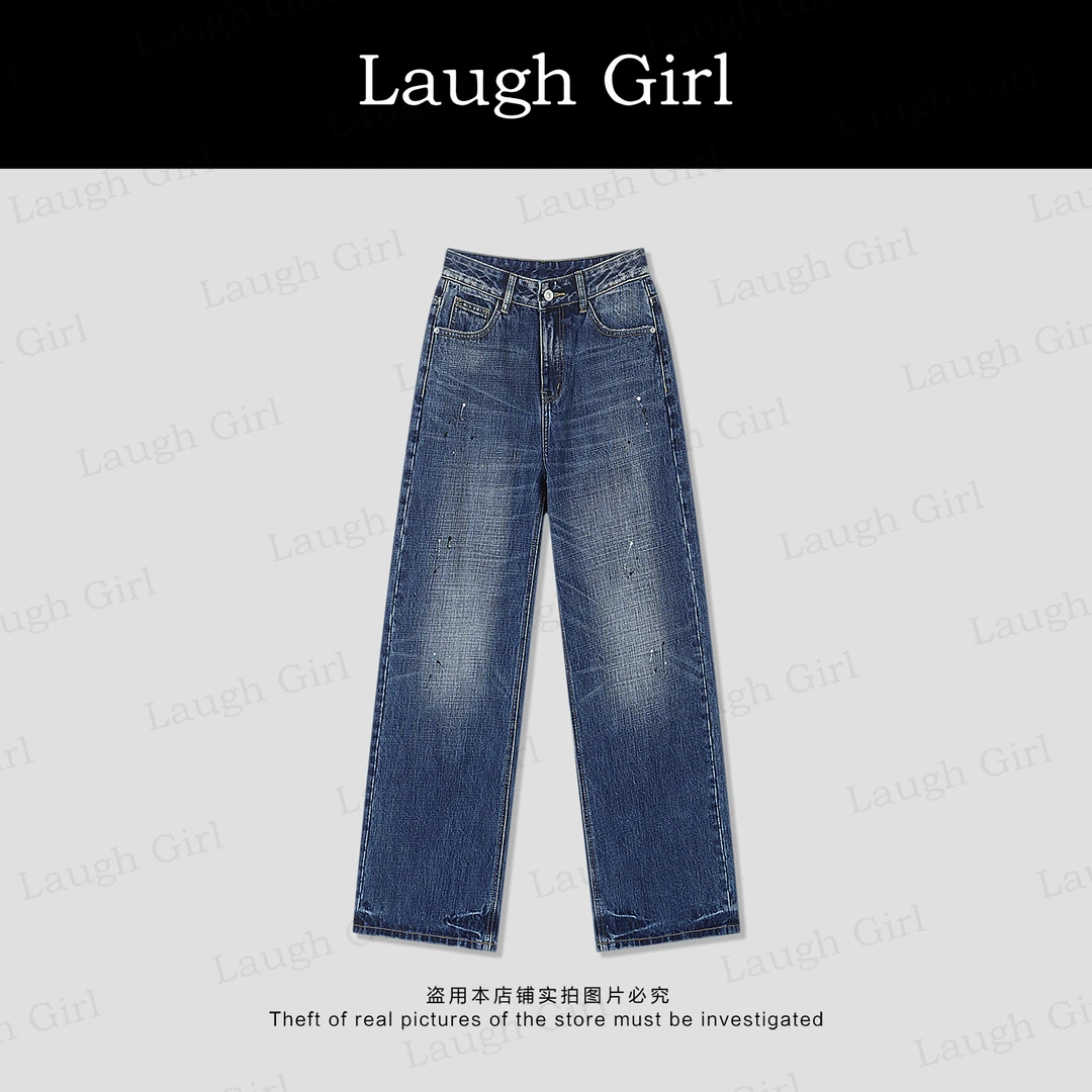 楚楚君 Laugh girl【高街痞酷】显瘦做旧油漆直筒牛仔裤KL53853J