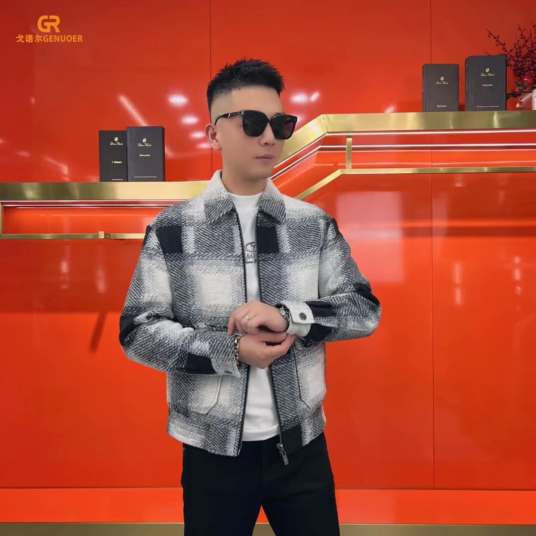 戈诺尔男装羊毛夹克衫时尚潮流百搭高端帅气格子秋冬休闲