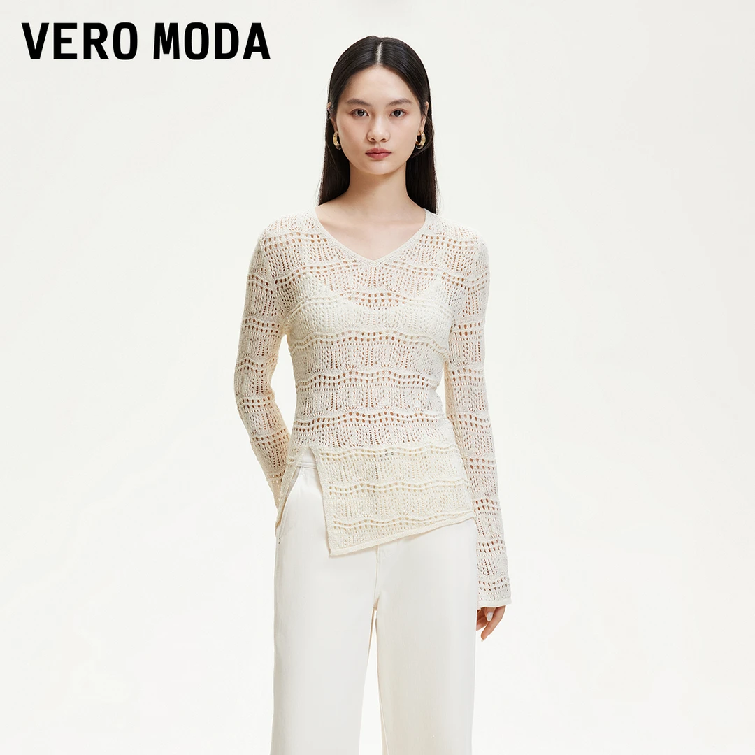 Vero Moda针织衫2025夏日穿搭波纹镂空V领法式简约修身325224025