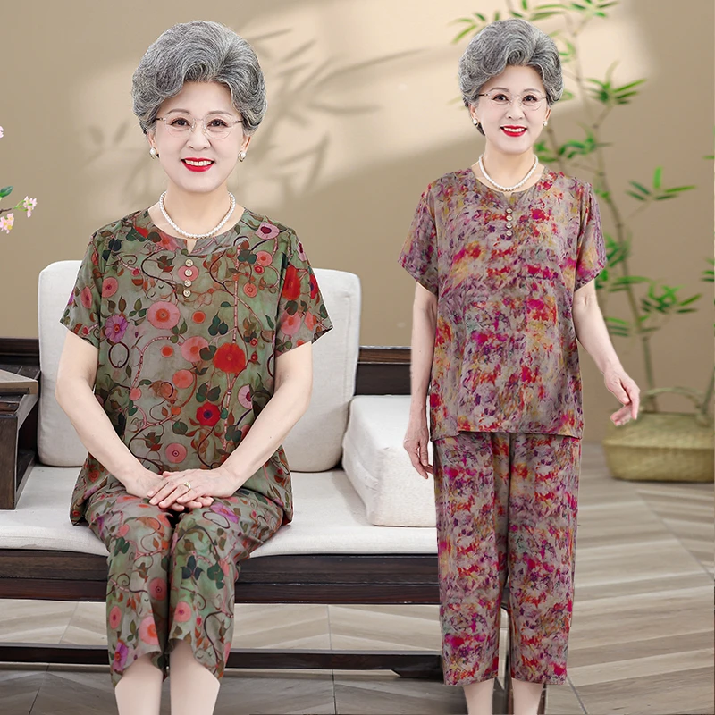 棉绸睡衣女款夏季薄款短袖套装中老年人夏装奶奶大码人造棉家居服