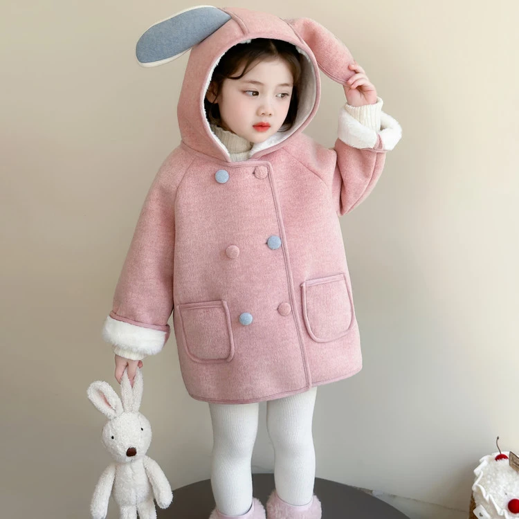 卡通风女中小童连帽冬季西装领呢大衣纯色公主风-1055
