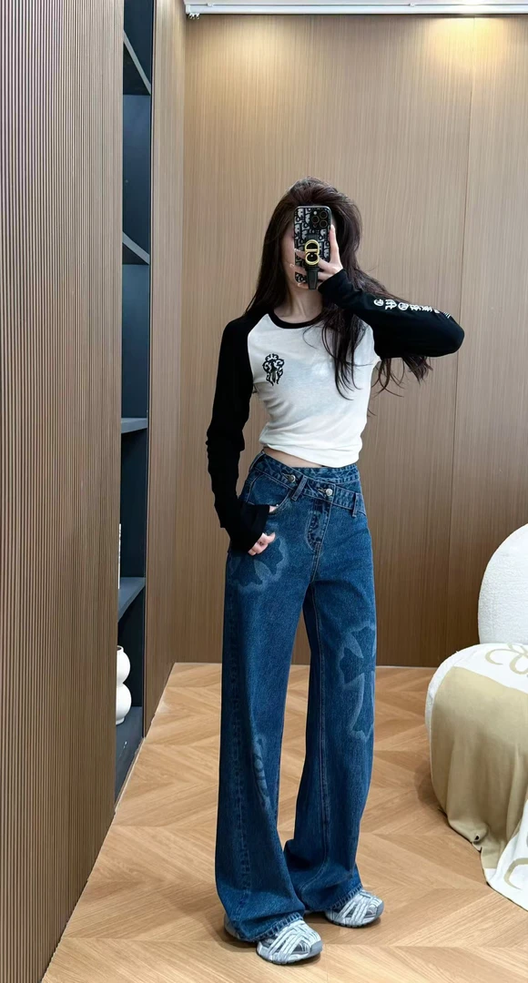 【SSLWEIWEI】南油克罗喷印交叉高定直筒牛仔裤9810