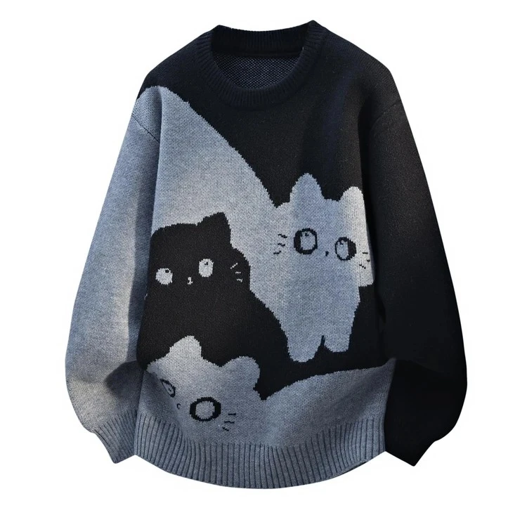 动物卡通毛衣男秋冬季慵懒风宽松圆领针织衫青少年潮流休闲打底衫