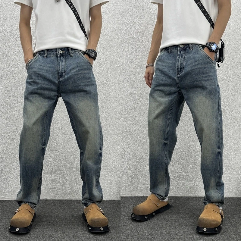 弯刀裤流行时尚百搭直筒裤水洗蓝色秋冬20秋冬穿搭男士浅蓝色直筒