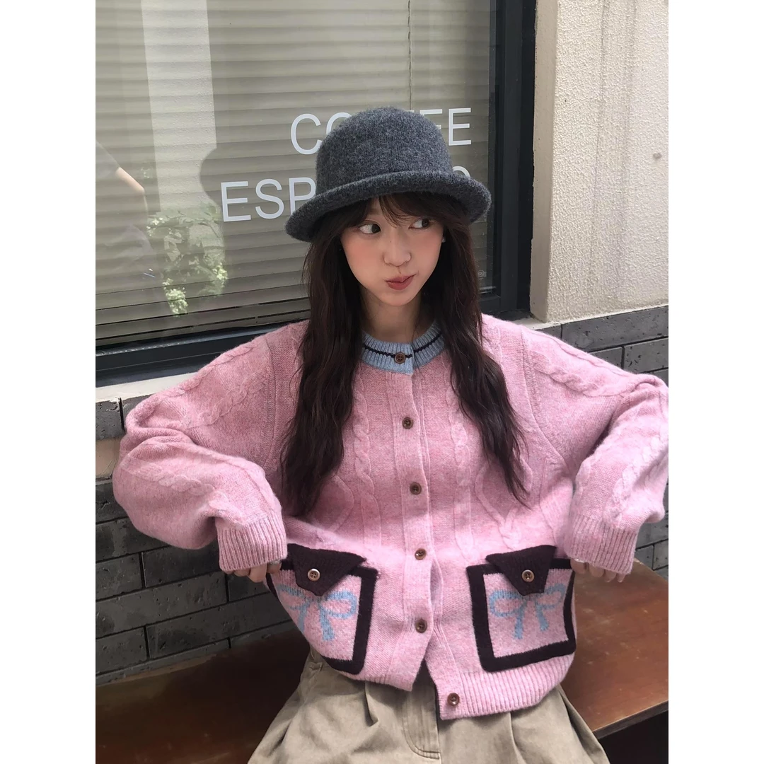 韩国hone秋冬新款毛衣圆领针织开衫麻花撞色口袋蝴蝶结韩系时尚