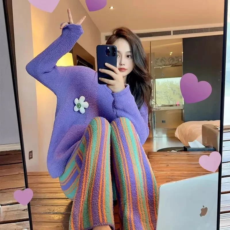 长裙圆领长裤冬季睡衣家居服套装显瘦套装宽松洋气