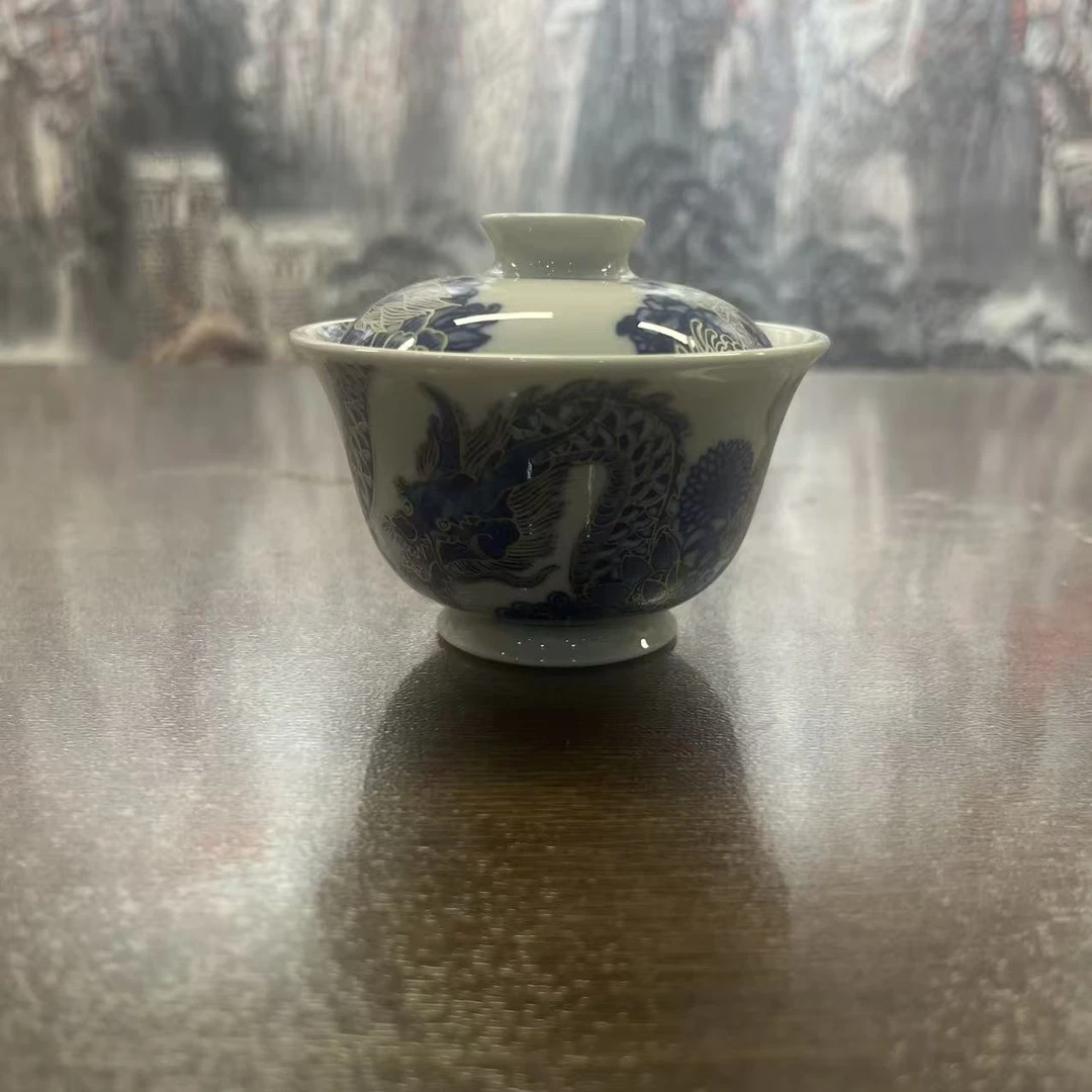 景德镇陶瓷描银龙纹盖碗