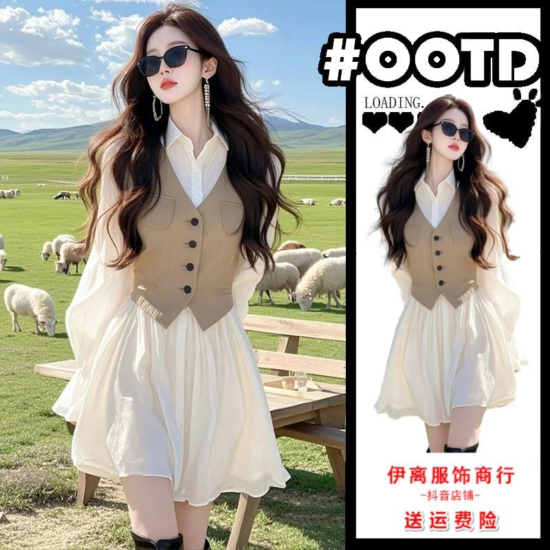 2025春装新款法式高级感漂亮独特气质海边度假白色假两件连衣裙子