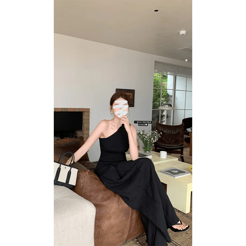 温婉大方衣服法式优雅轻奢气质斜肩无袖背心上衣休闲拖地阔腿裤女