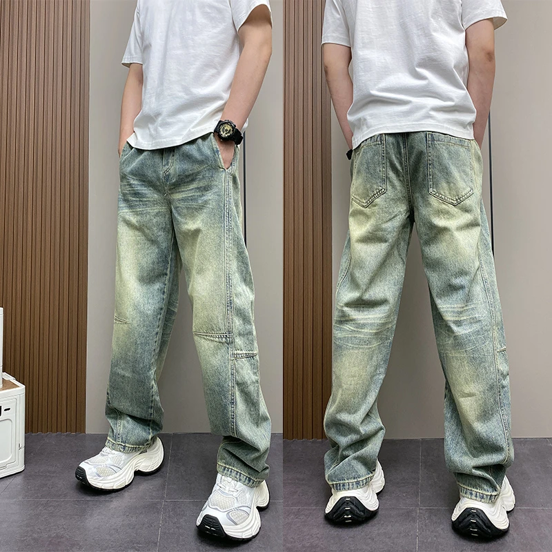 弯刀百搭长裤子复古水洗牛仔裤男春夏新款宽松直筒休闲裤潮牌渐变