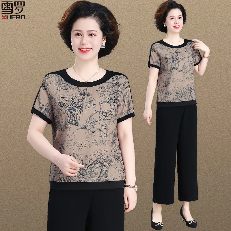 中年妈妈夏装短袖t恤洋气中老年女夏季套装民族风小衫上衣两件套