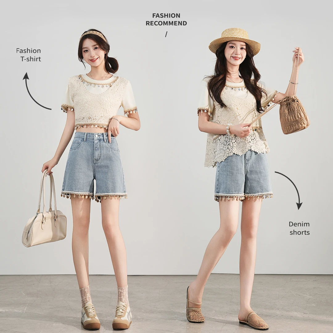 【商场同款新品】白鹿语25夏季个性花边短裤复古洗水牛仔裤YU20599