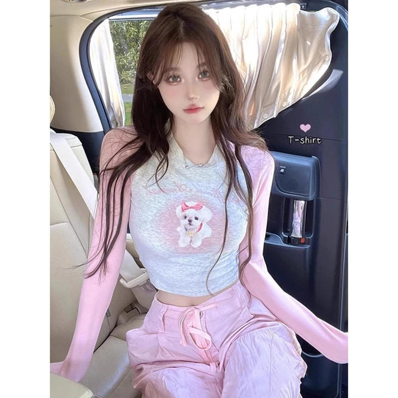 美式辣妹打底衫女春季2025新款卡通印花修身显瘦撞色短款长袖T恤