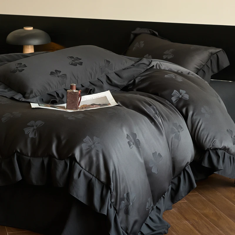 四季法式浪漫风提花四件套花边款被罩四件套床上用品床单床笠款