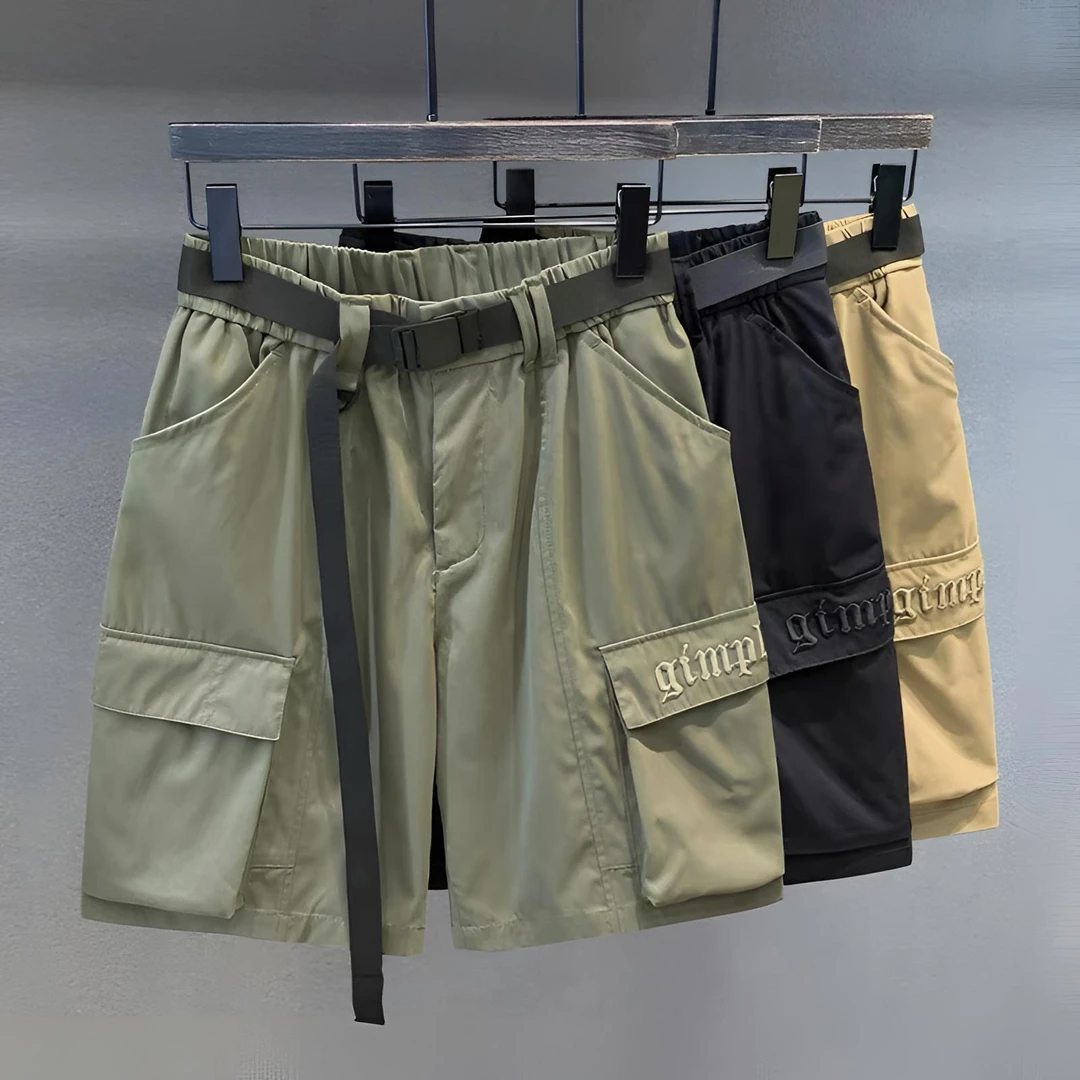 户外字母刺绣机能多口袋潮牌工装短裤男夏季宽松休闲冰丝五分裤子