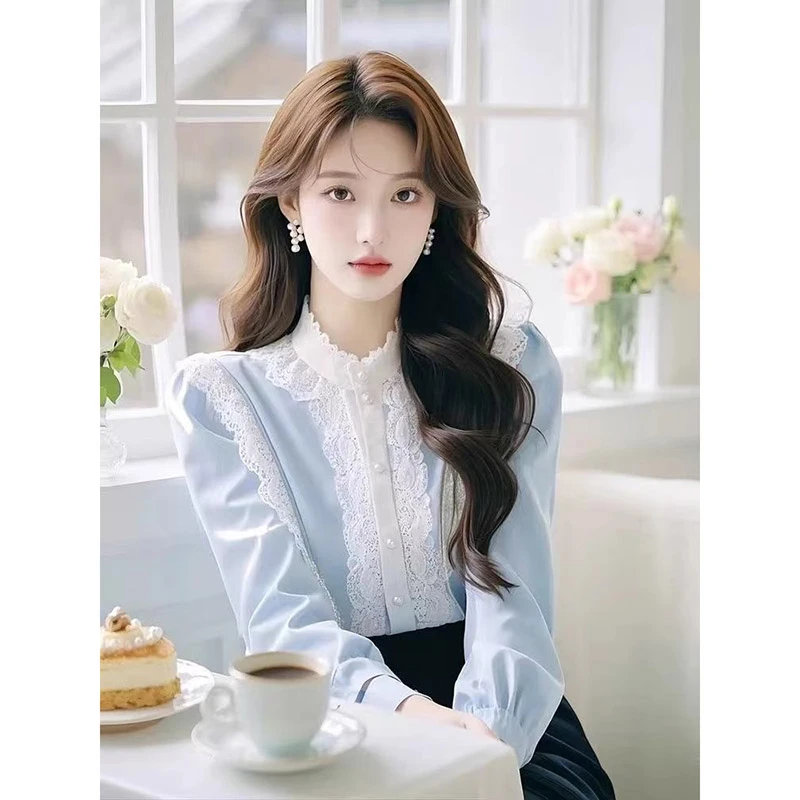 蓝色宫廷蕾丝设计感立领长袖衬衫女春秋高级小众独特别致绝美上衣