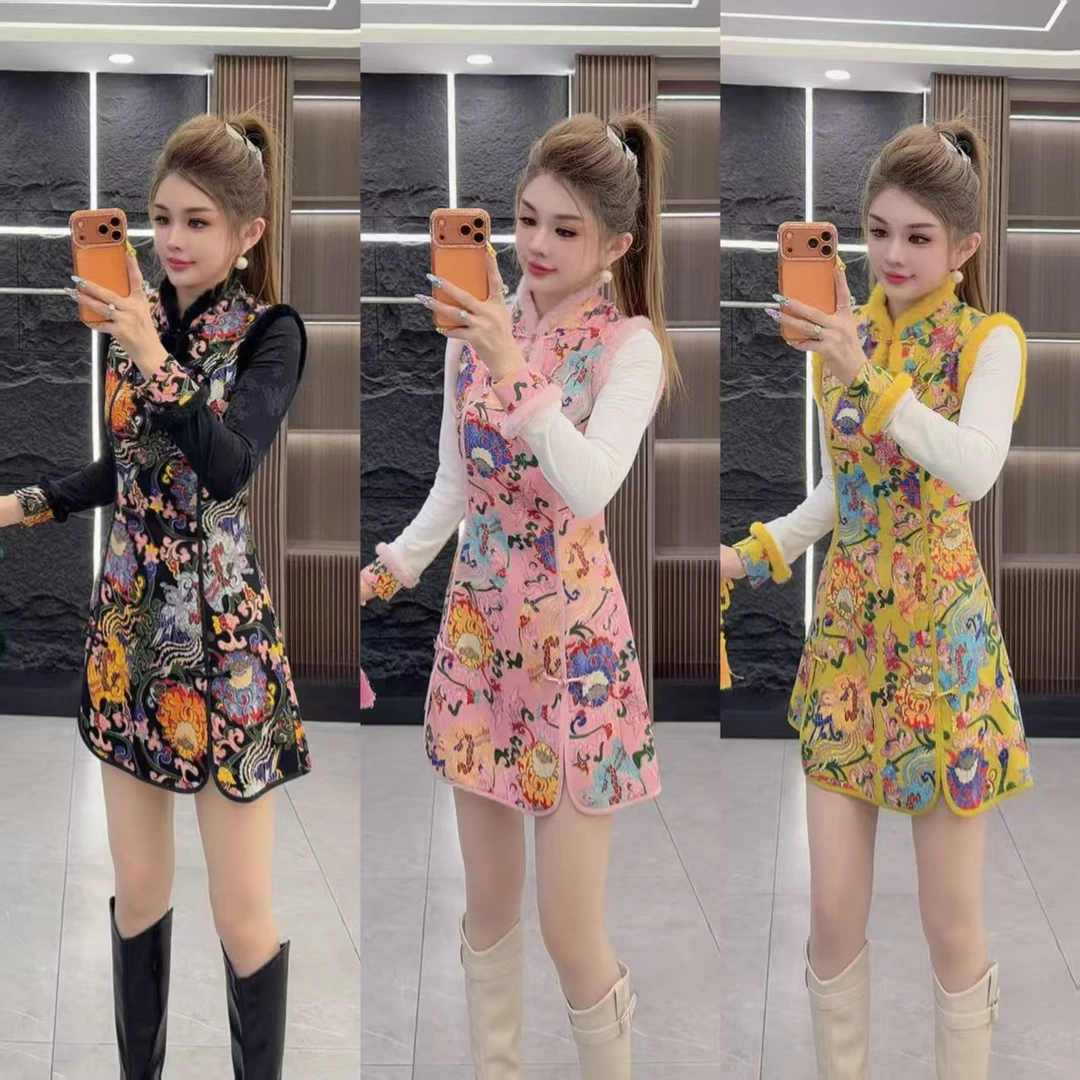 冬季6351 加绒保暖新中式重工雕花盘扣连衣裙 加 打底衫 两件套