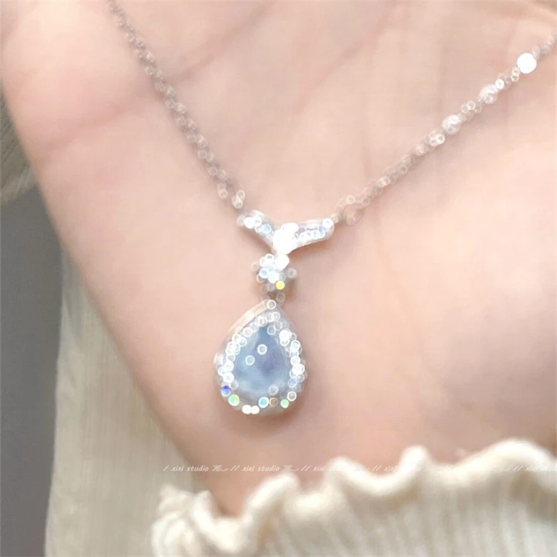 合金吊坠 人鱼之泪海蓝鱼尾水滴吊坠项链轻奢满钻锁骨链