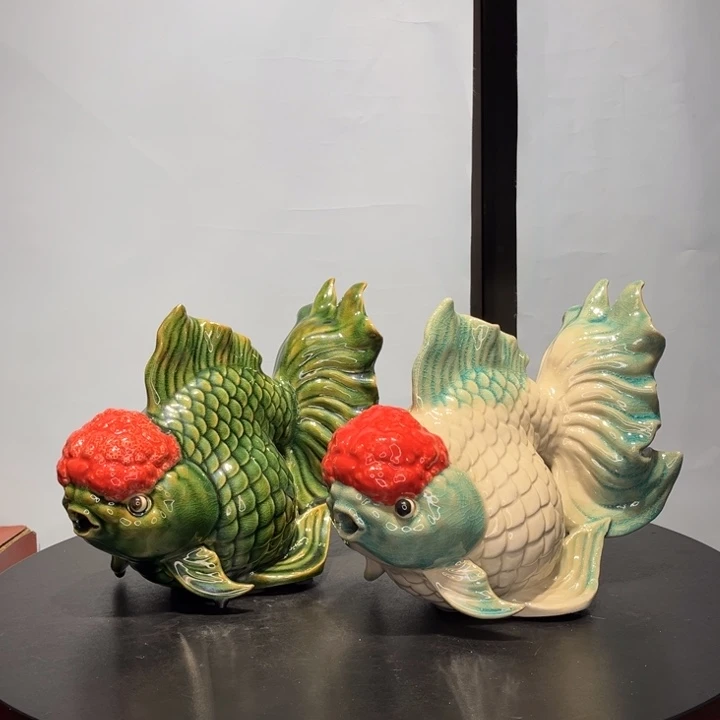 捌***零陶瓷金鱼一对冰纹釉石湾陶