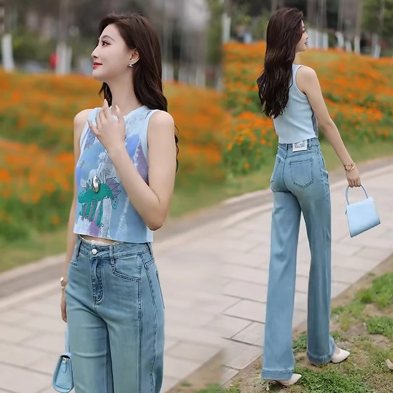 时尚洋气套装女2025年夏季新款复古针织背心牛仔微喇裤休闲两件套