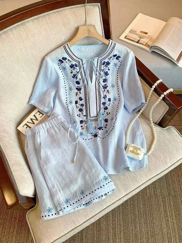 大码胖mm度假风棉麻刺绣套装女夏季新款高级感短袖衬衫短裤两件套