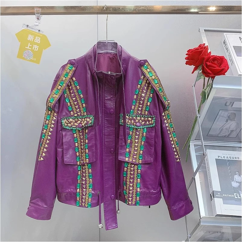 HH905欧美风设计师2024秋冬新款重工彩色钉钻刺绣亮片潮酷外套