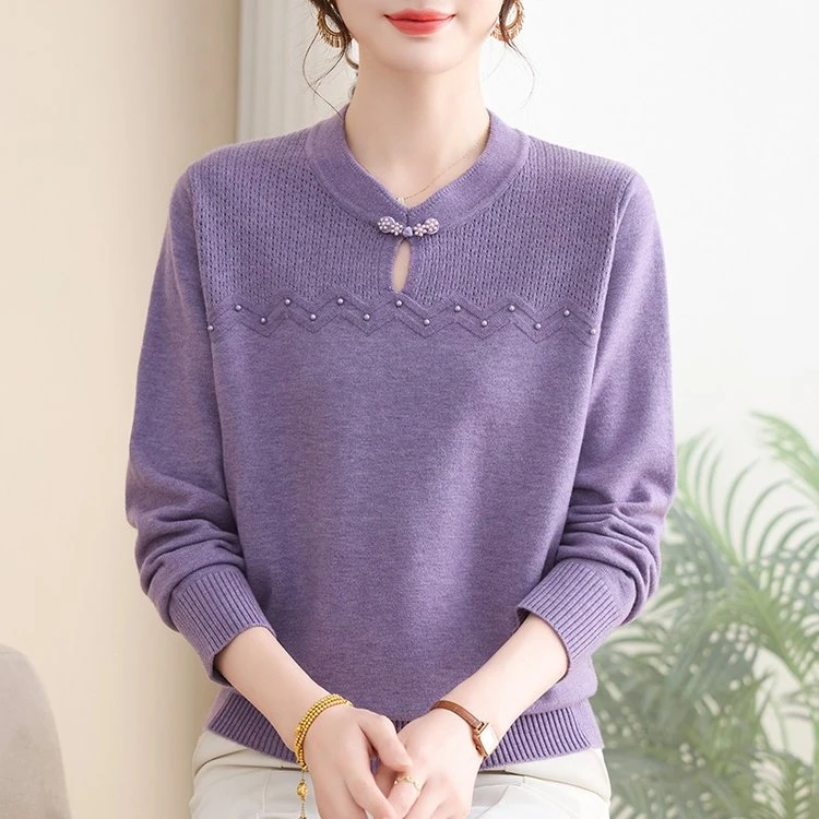 2025新中式妈妈装秋季新款中老年女装气质休闲针织长袖衫70