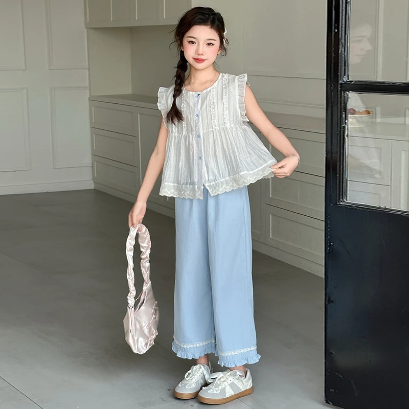 童装女童夏季飞袖娃娃衫蓝色花边裤套装6-12岁15中大童小女孩套装