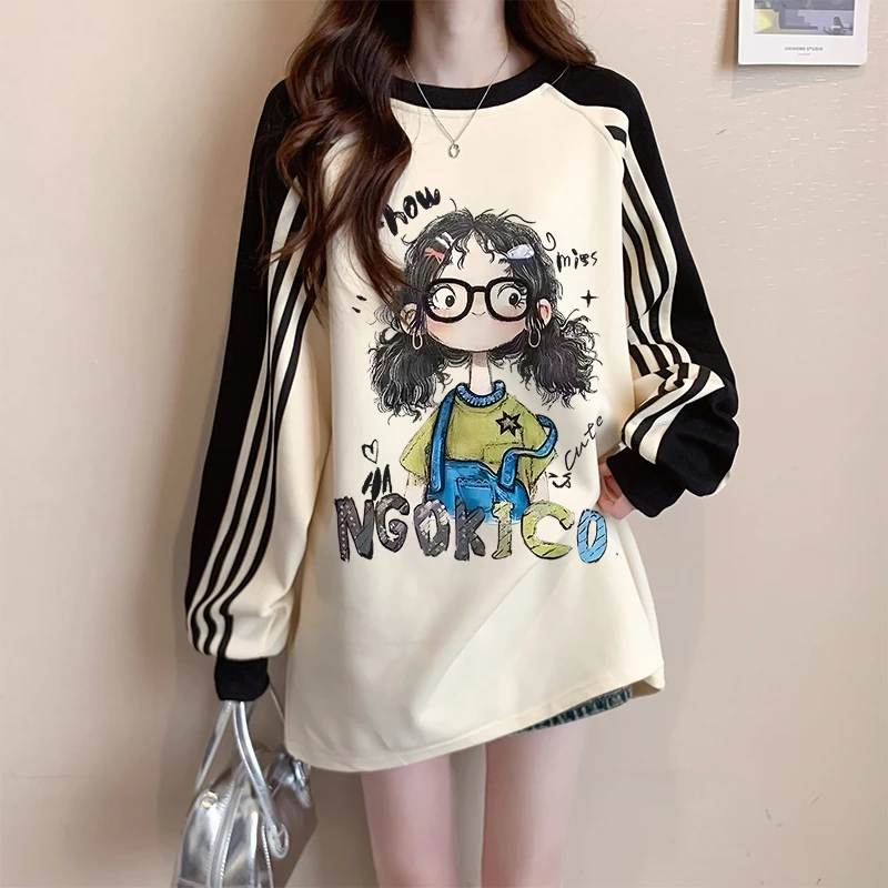 中长款遮臀卡通圆领卫衣女秋冬爆款宽松慵懒风加绒加厚三条杠外套