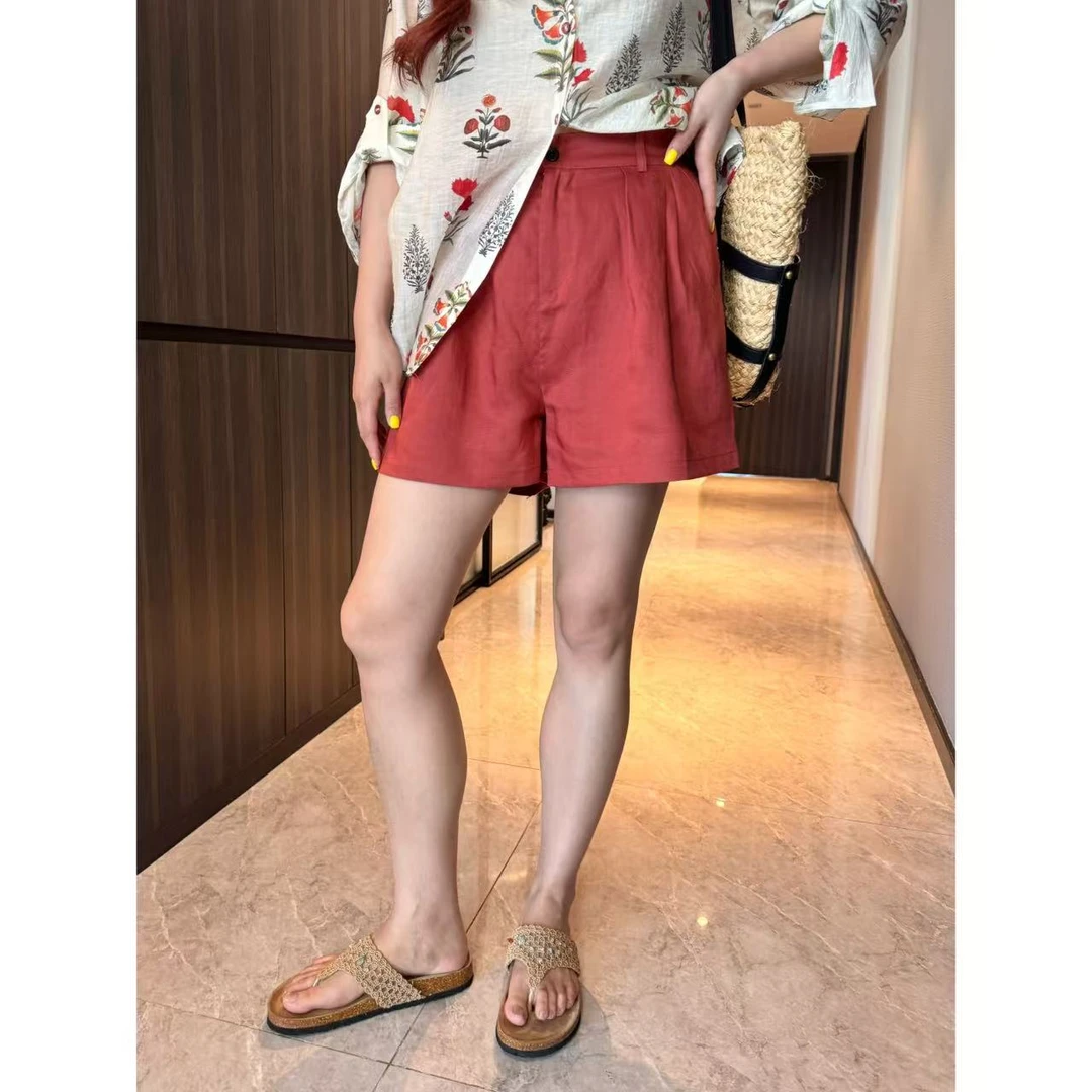 Xiaix【砖红折痕】休闲宽松百搭显瘦纯色短裤DK250703