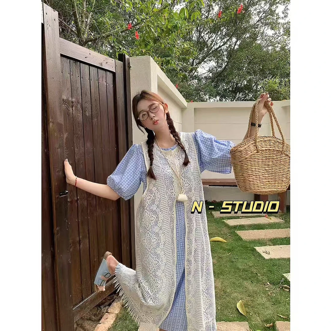 【晴空岛屿】夏季日系格子宽松两件森系新款甜美长裙