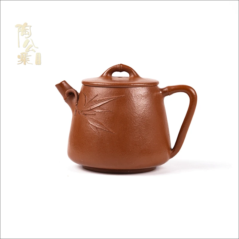 陶公粟原矿黄龙山朱泥本色贴塑《竹节高石瓢》200cc内推手制紫砂壶
