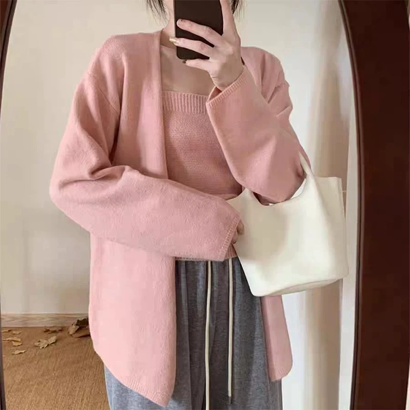 【高版本】韩系净色甜美减龄宽松百搭毛衣背心上衣+开衫两件套