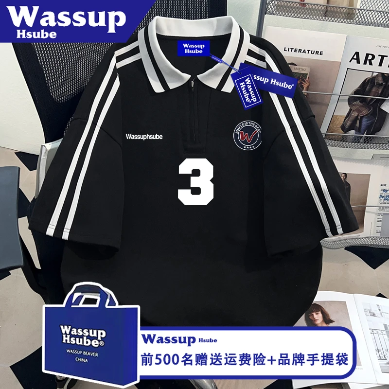 WASSUP HSUBE国潮POLO衫夏季纯棉半袖ins篮球风印花短袖男女款T恤
