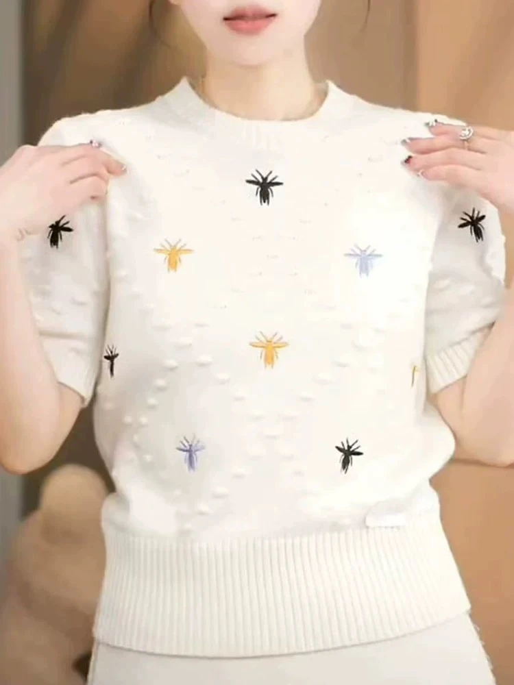 欧货2025春季新款洋气减龄菱形格彩色提花小蜜蜂刺绣短袖针织衫