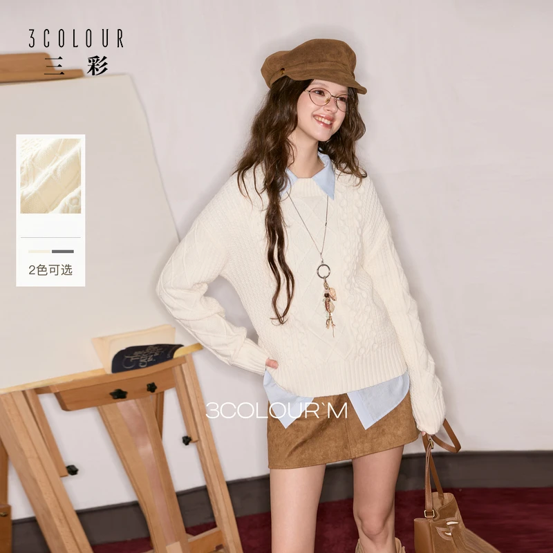 三彩2025秋季新款绞花针织衫圆领毛衫落肩袖宽松套头M