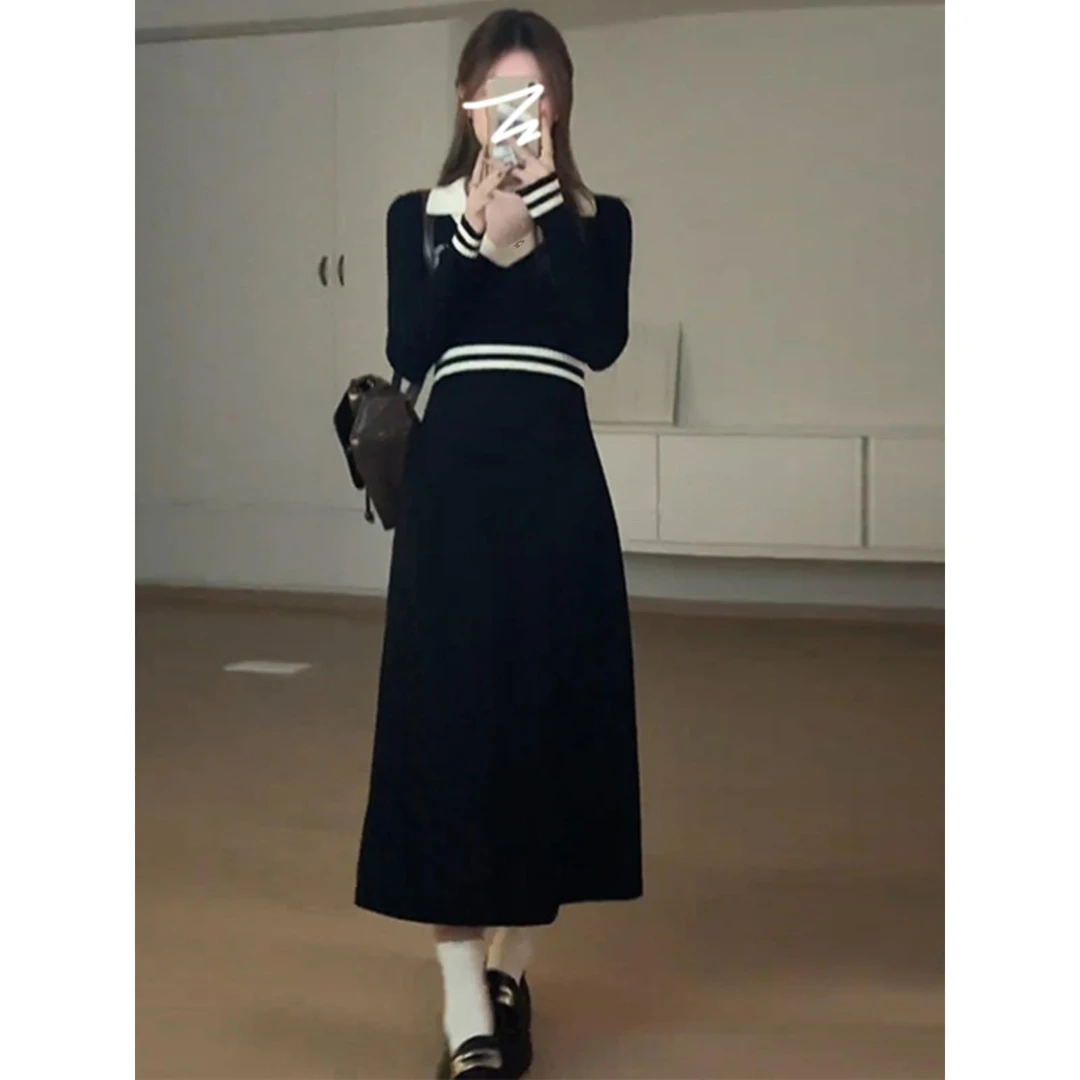 VOCKOO官方早秋女式2025新款早秋气息法式高端长裙黑色针织连衣裙