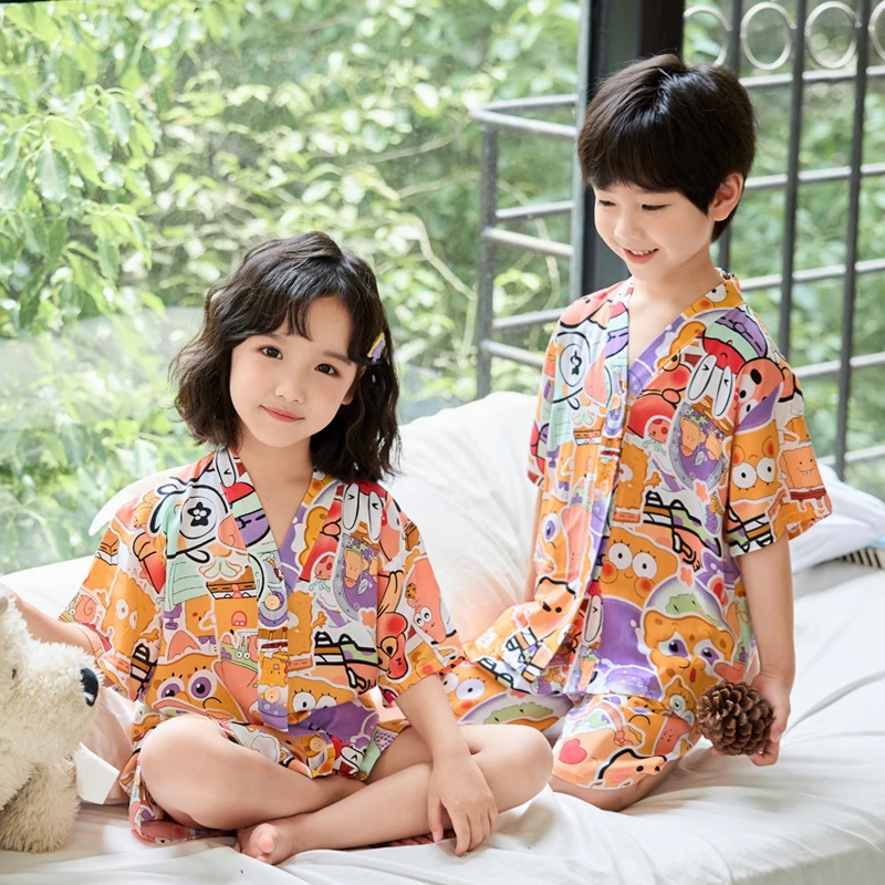 夏季薄款儿童棉绸睡衣短袖短裤家居服套装宝宝男童女童中大童