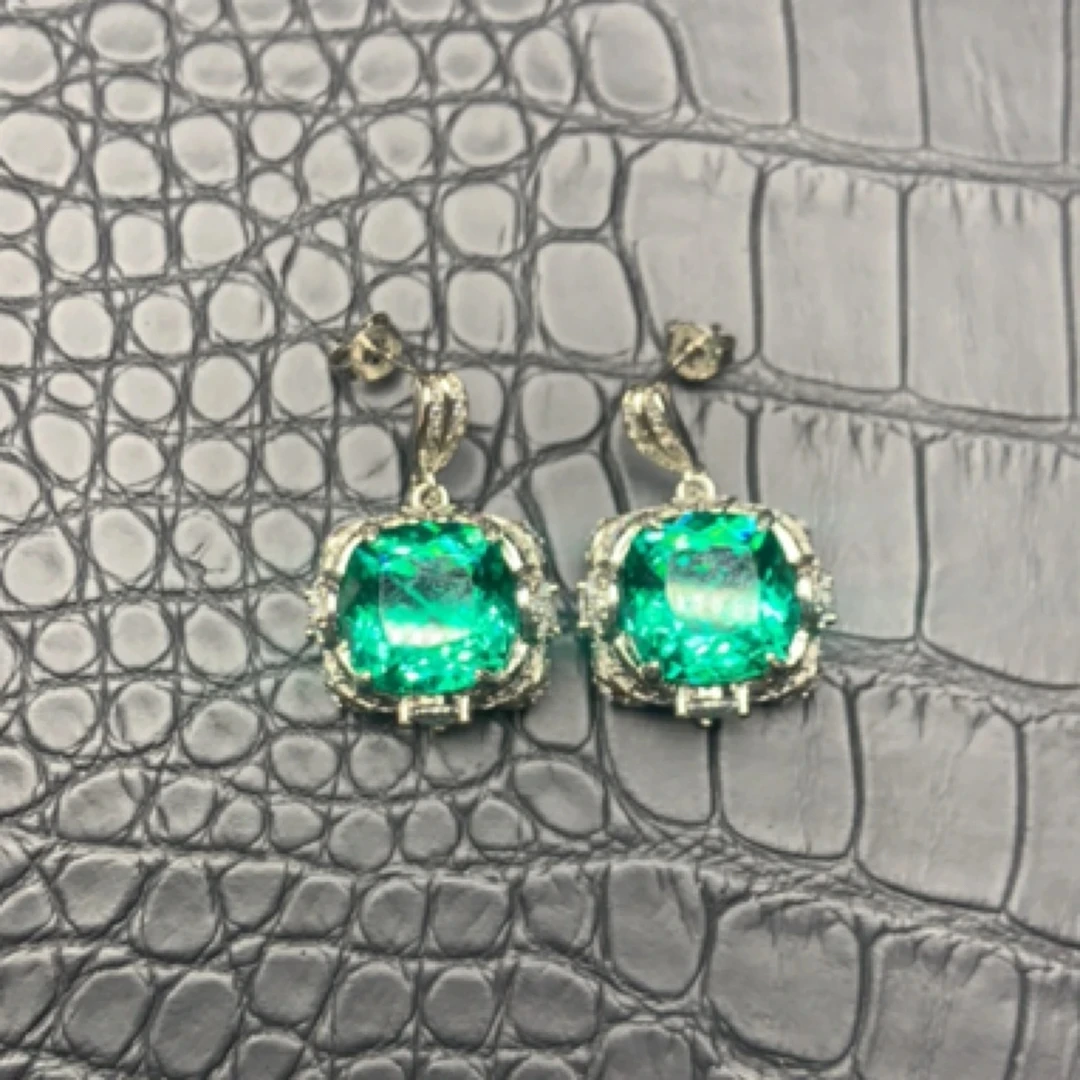 铜合金锆石耳饰 高定冰花切方糖绿色耳钉15轻奢气质时尚饰品精致